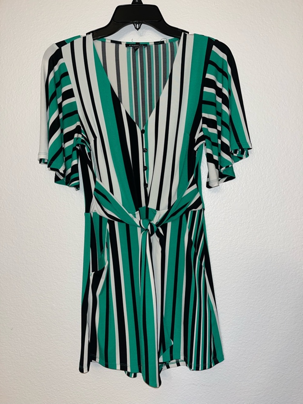 Express Green, Black & White Striped Tie-Front Mini Romper